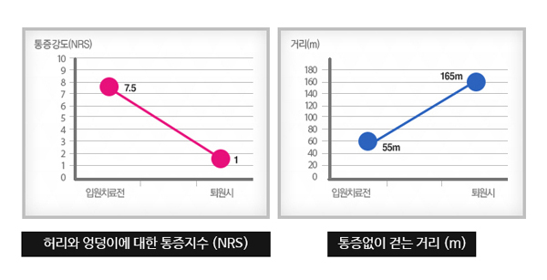 다리와 엉덩이에 대한 통증지수 (NRS) / 통증없이 걷는 거리 (m)